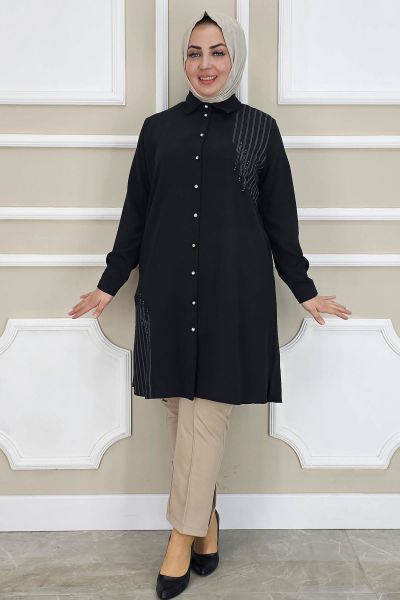PYS KADIN TAŞ DETAYLI TESETTÜR GÖMLEK SİYAH - 2 BEDEN