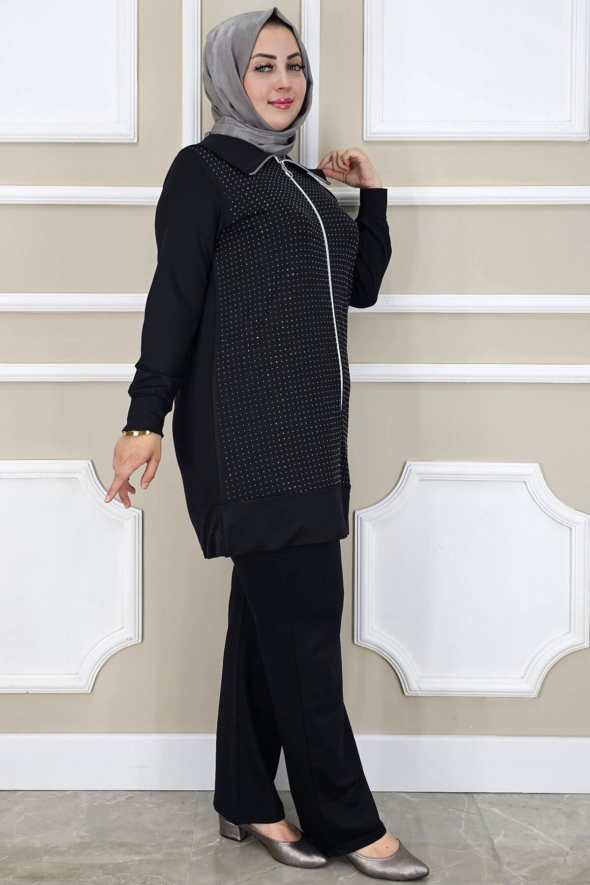 PYS KADIN BEDEN TAŞ DETAYLI TESETTÜR TAKIM SİYAH - 2 BEDEN