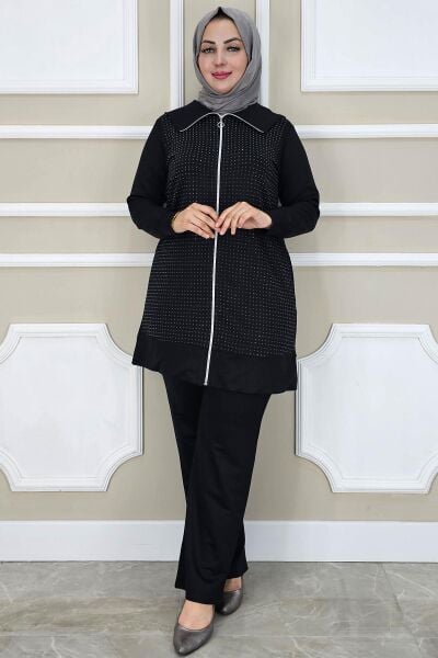 PYS KADIN BEDEN TAŞ DETAYLI TESETTÜR TAKIM SİYAH - 2 BEDEN