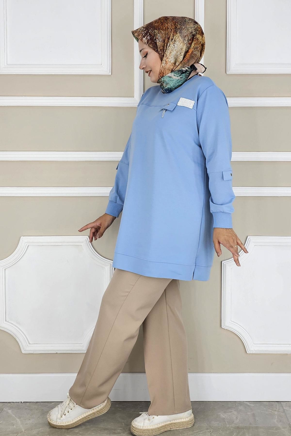 KADIN SALLANTI AKSESUAR DETAYLI TESETTÜR TUNİK MAVİ - 3XL