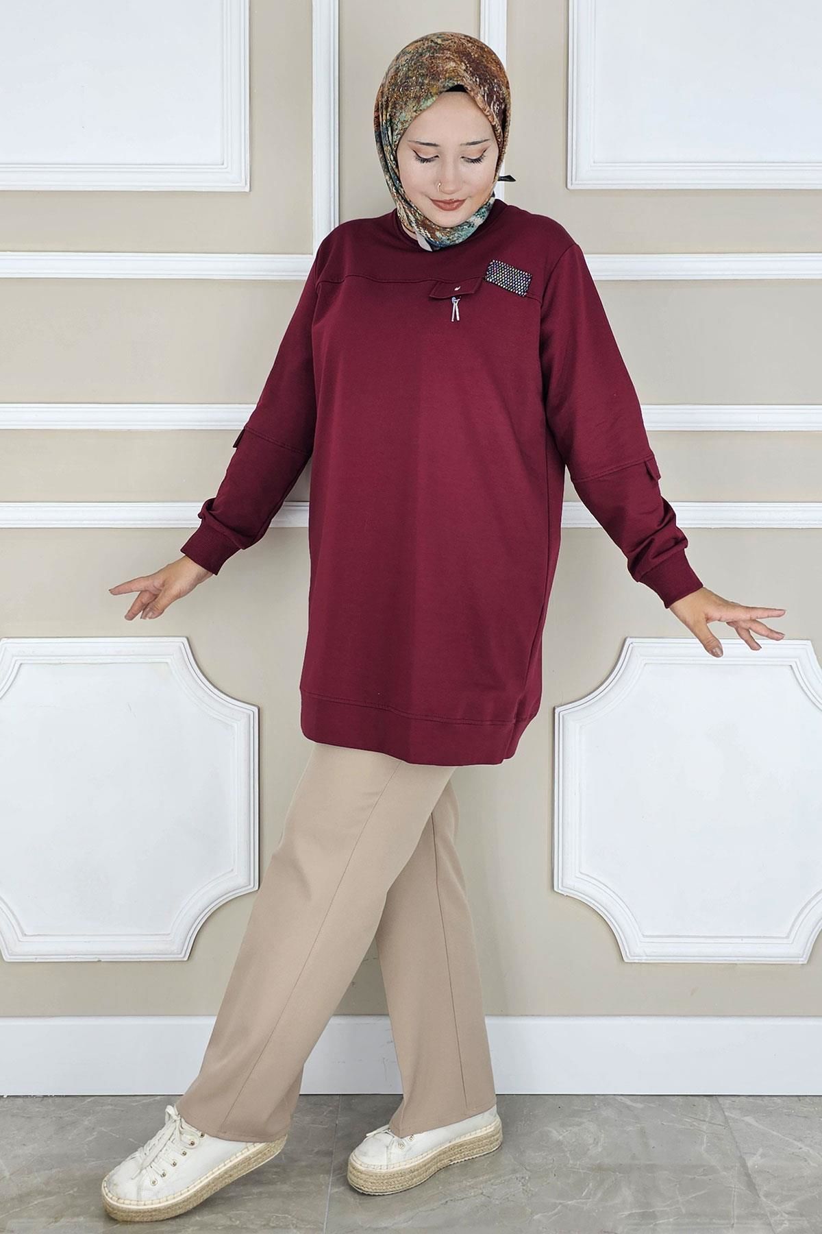 KADIN SALLANTI AKSESUAR DETAYLI TESETTÜR TUNİK BORDO - 2XL