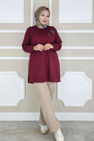 KADIN SALLANTI AKSESUAR DETAYLI TESETTÜR TUNİK BORDO - 2XL
