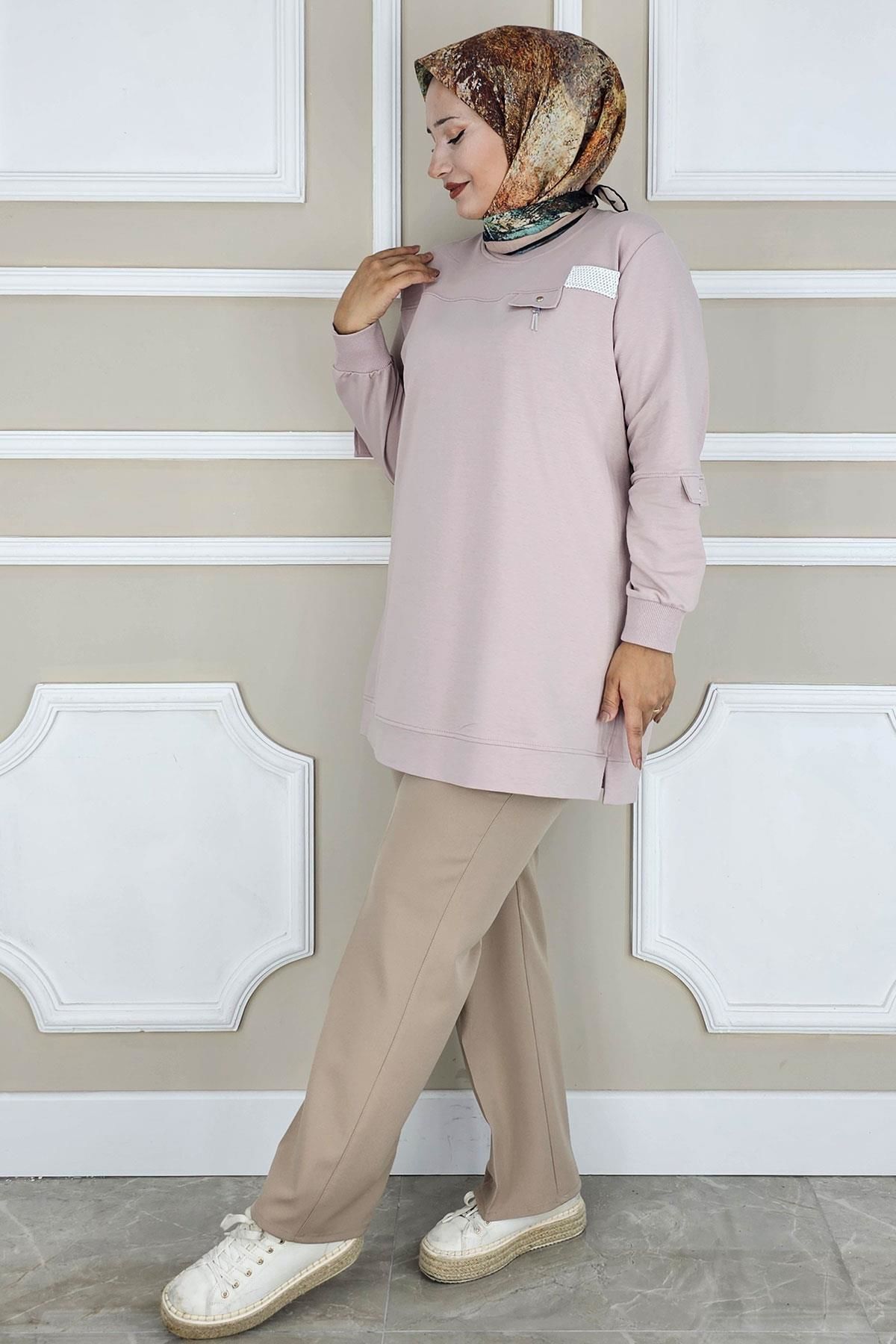 KADIN SALLANTI AKSESUAR DETAYLI TESETTÜR TUNİK BEJ - L