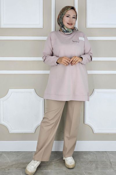 KADIN SALLANTI AKSESUAR DETAYLI TESETTÜR TUNİK BEJ - L