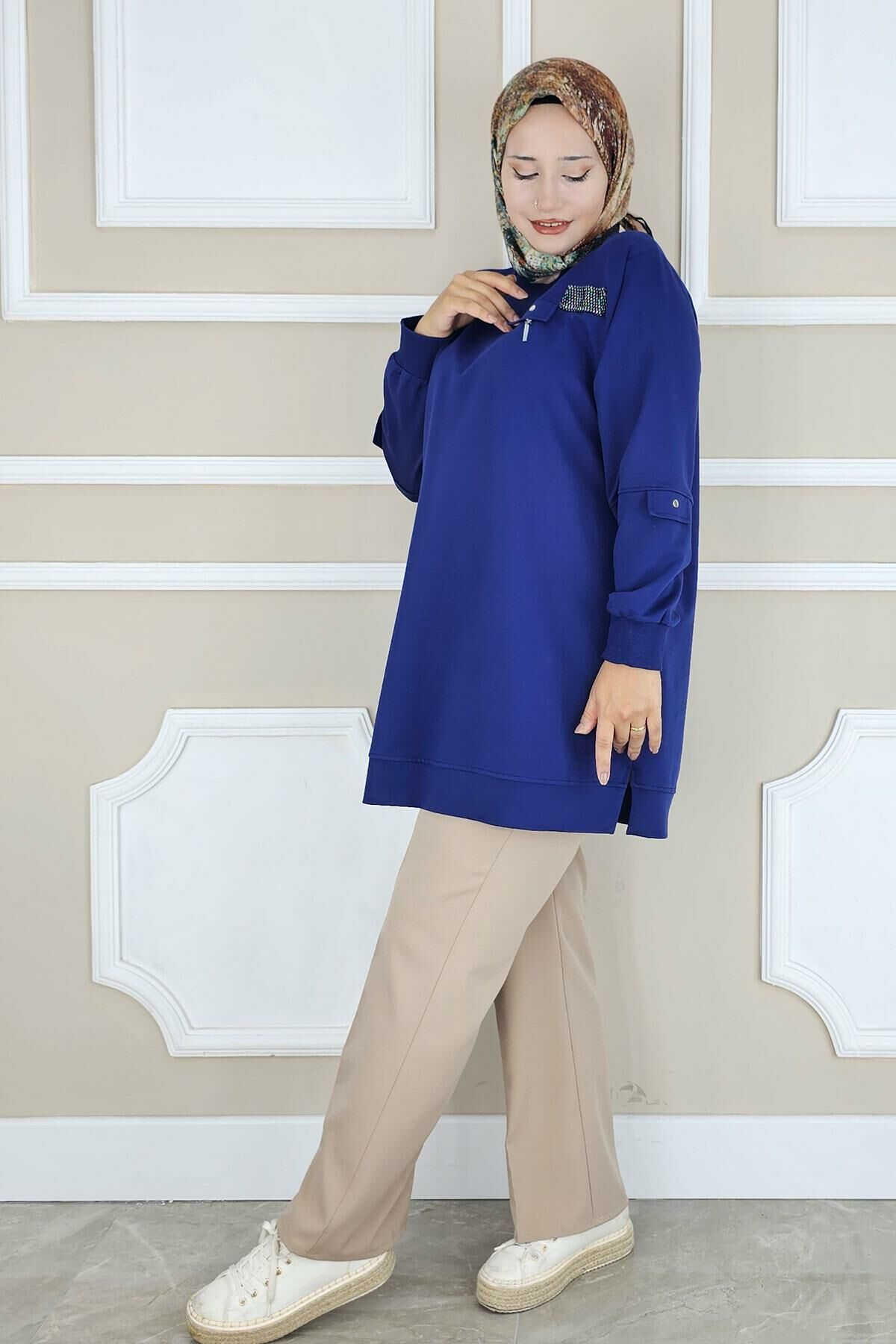 KADIN SALLANTI AKSESUAR DETAYLI TESETTÜR TUNİK İNDİGO - L