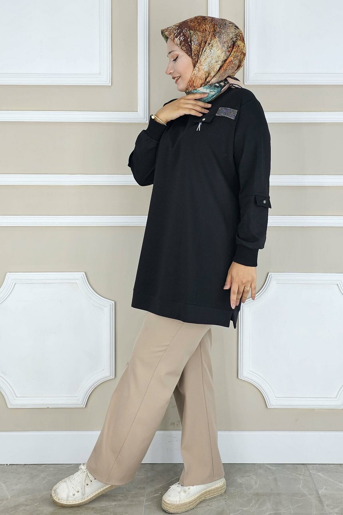 KADIN SALLANTI AKSESUAR DETAYLI TESETTÜR TUNİK SİYAH - 3XL