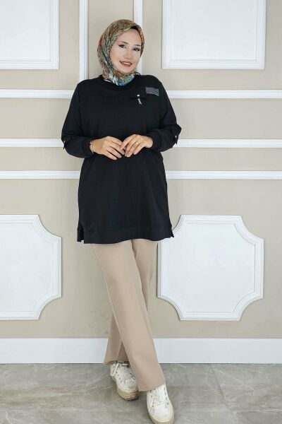 KADIN SALLANTI AKSESUAR DETAYLI TESETTÜR TUNİK SİYAH - 3XL