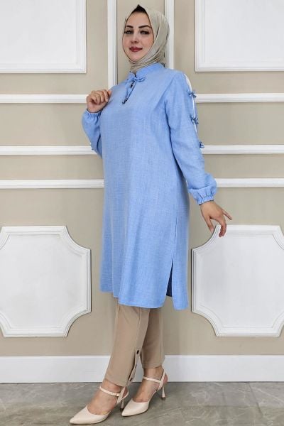 PYS KADIN OMUZLARDAN KOLLARA DÜĞME DETAY TESETTÜR TUNİK BUZ MAVİ - 5 BEDEN