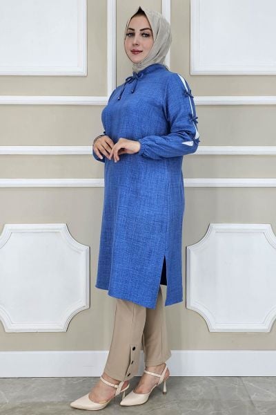PYS KADIN OMUZLARDAN KOLLARA DÜĞME DETAY TESETTÜR TUNİK KOYU MAVİ - 5 BEDEN