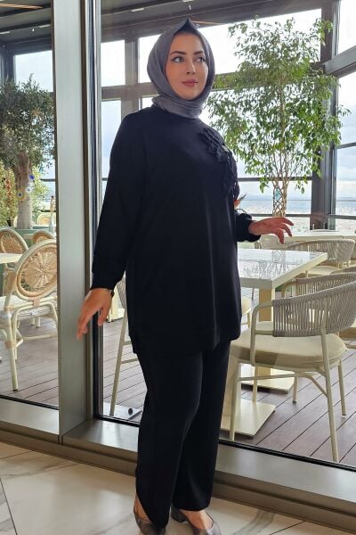 KADIN DİKME ÇİÇEK DETAYLI TESETTÜR TAKIM SİYAH - 5 BEDEN