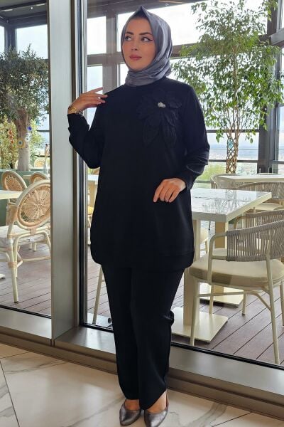 KADIN DİKME ÇİÇEK DETAYLI TESETTÜR TAKIM SİYAH - 5 BEDEN