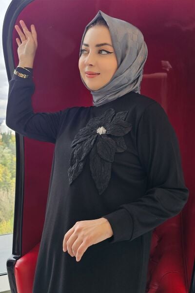 KADIN DİKME ÇİÇEK DETAYLI TESETTÜR TAKIM SİYAH - 5 BEDEN