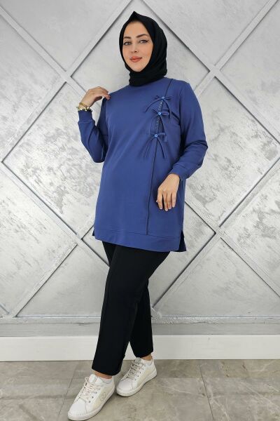 KADIN DÜĞME TAŞ DETAYLI BİYELİ TESETTÜR TUNİK İNDİGO - TOPTAN