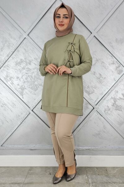 KADIN DÜĞME TAŞ DETAYLI BİYELİ TESETTÜR TUNİK MİNT YEŞİLİ - XL