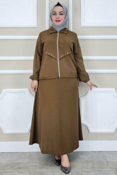 PYS KADIN ALLER DİKİM TAŞ DETAYLI TESETTÜR TAKIM KAHVERENGİ - 3 BEDEN