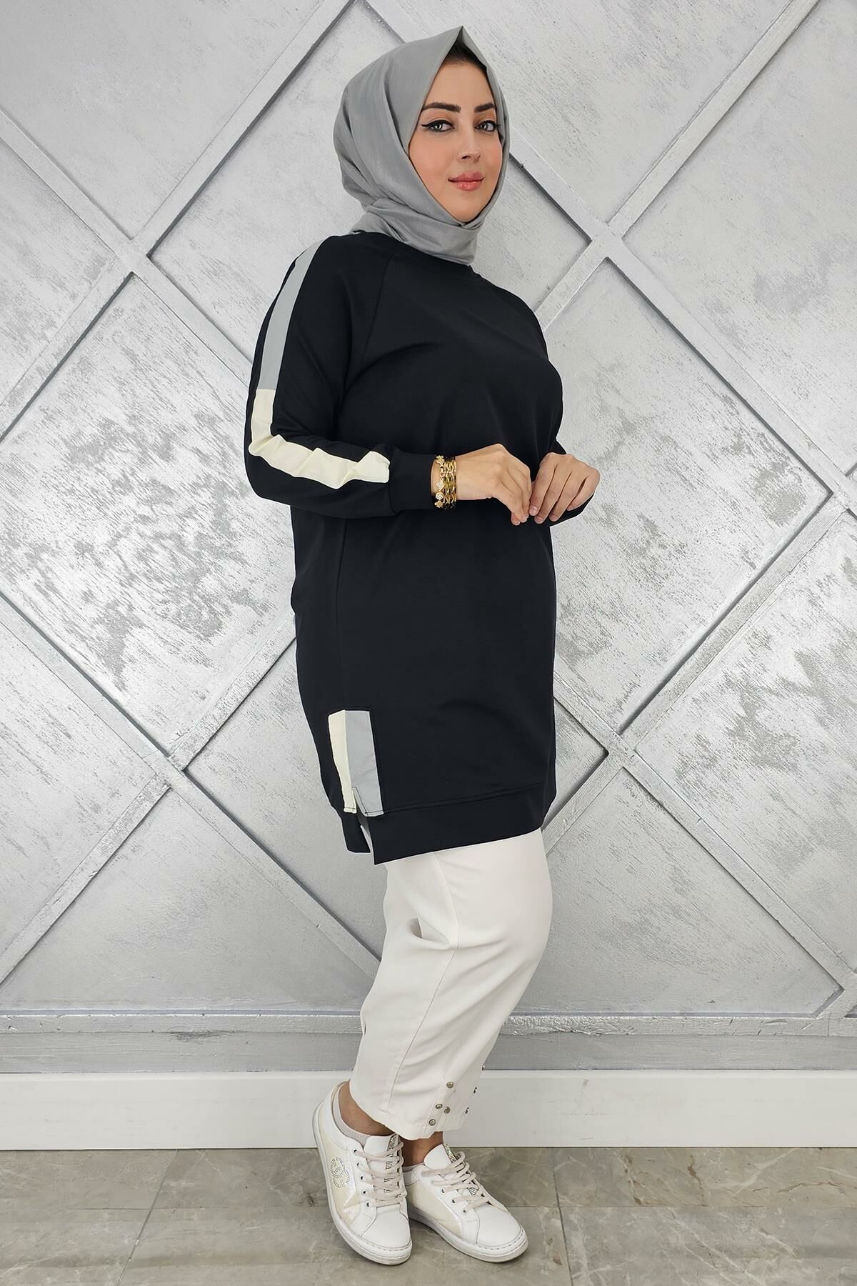 KADIN KOLLARI KOMBİNLİ TESETTÜR TUNİK SİYAH - ARA BEDEN