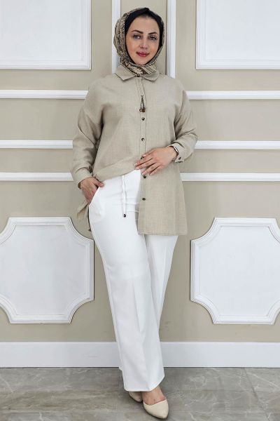 PYS KADIN LİKRALI CEPLİ BELİ BAĞCIKLI PANTOLON EKRU - 48