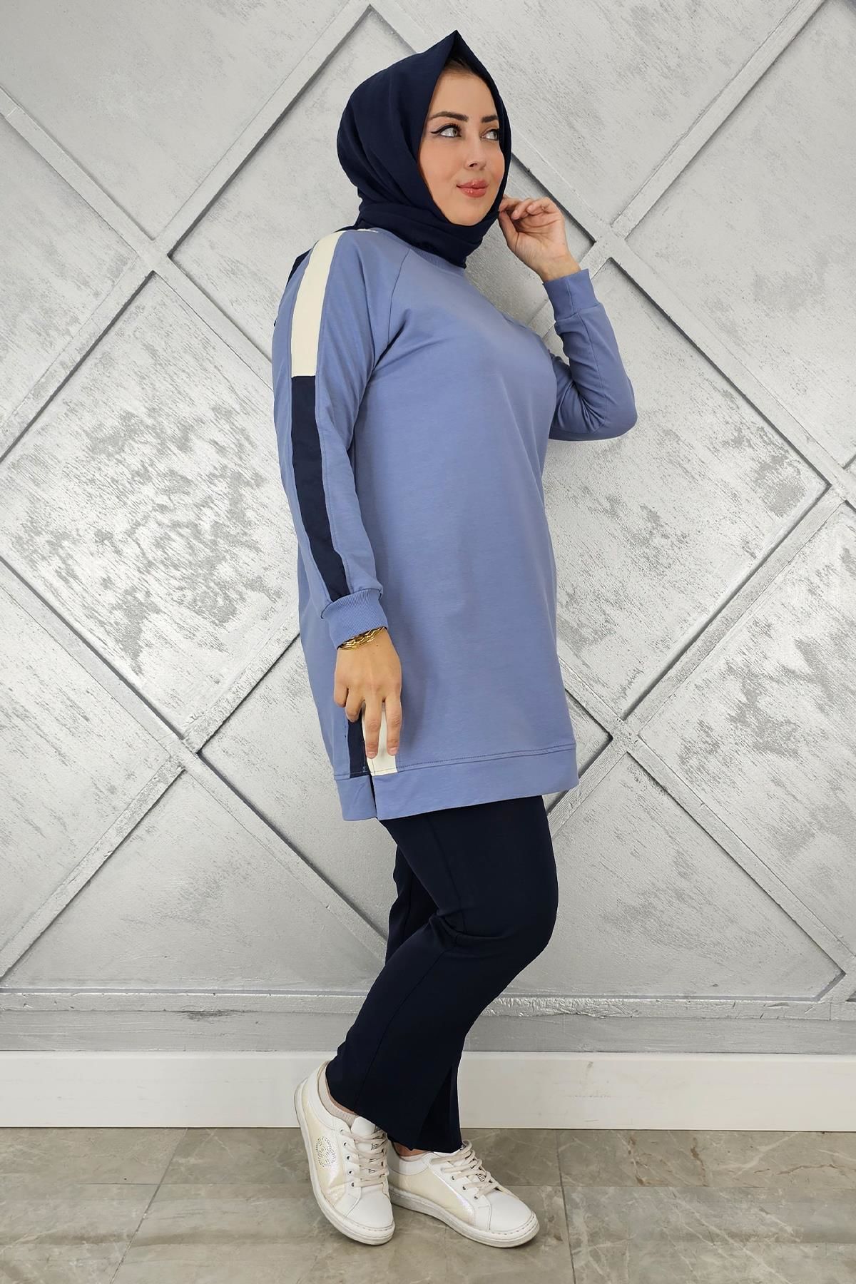 KADIN KOLLARI KOMBİNLİ TESETTÜR TUNİK MAVİ - 2 BEDEN