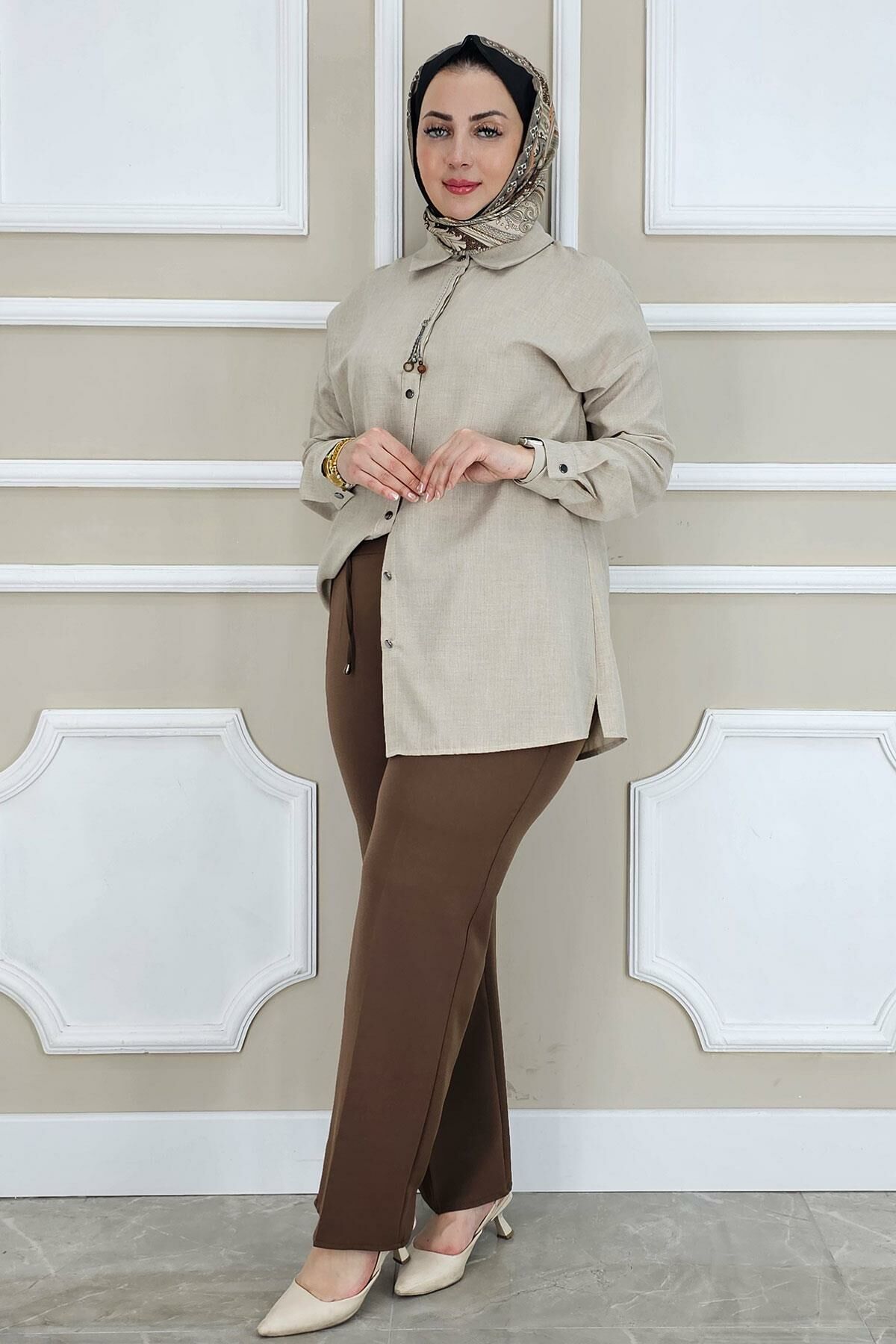 PYS KADIN LİKRALI CEPLİ BELİ BAĞCIKLI PANTOLON KAHVERENGİ - 50