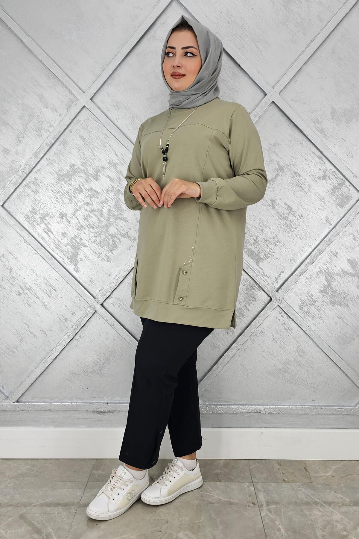 KADIN KOLYE DETAYLI TAŞLI TESETTÜR TUNİK MİNT YEŞİLİ - 3XL