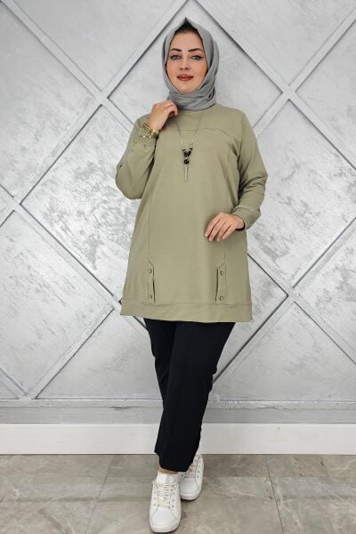 KADIN KOLYE DETAYLI TAŞLI TESETTÜR TUNİK MİNT YEŞİLİ - 3XL