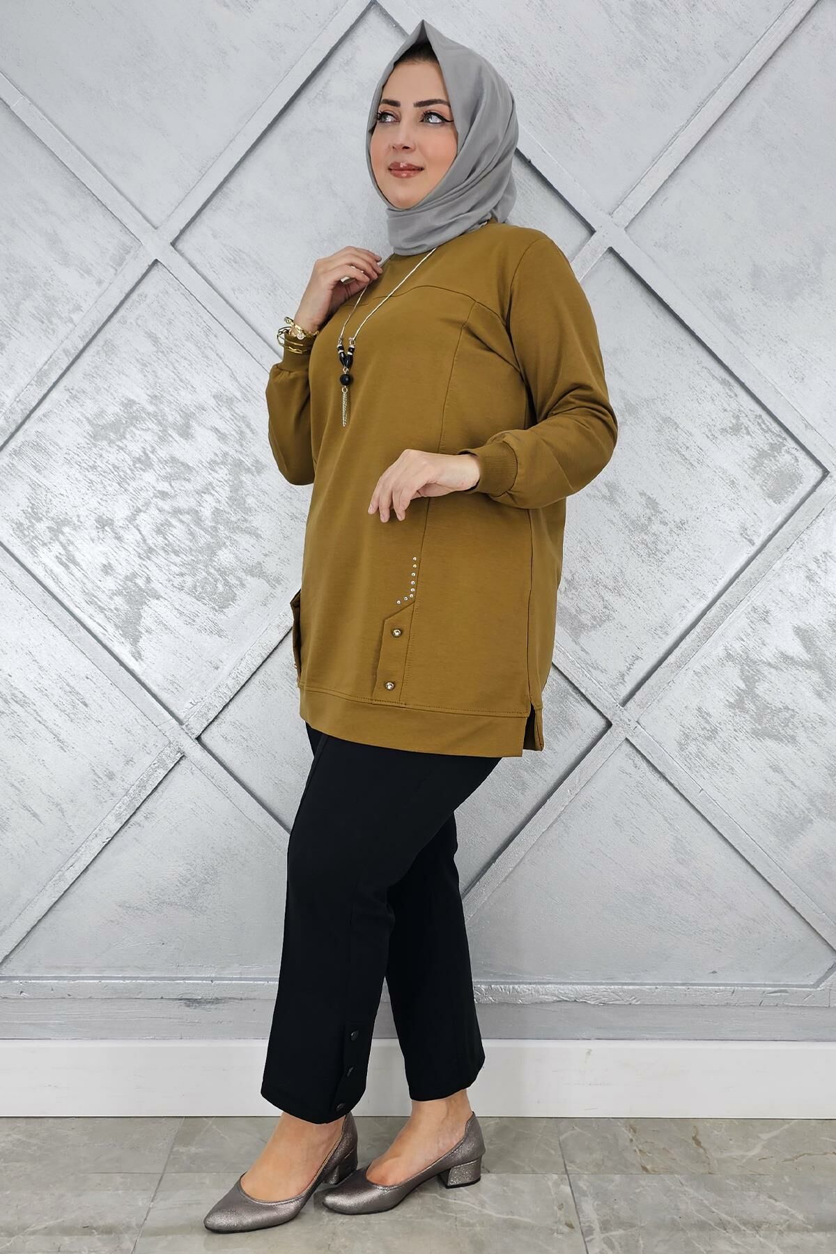 KADIN KOLYE DETAYLI TAŞLI TESETTÜR TUNİK YAĞ YEŞİLİ - XL