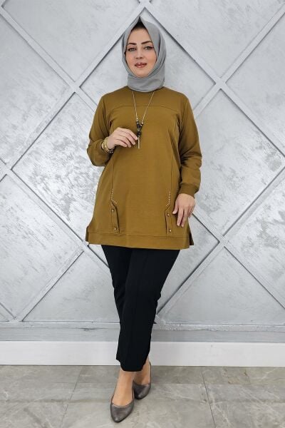 KADIN KOLYE DETAYLI TAŞLI TESETTÜR TUNİK YAĞ YEŞİLİ - XL