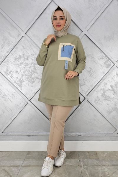 KADIN KOMBİNLİ SALLANTI AKSESUAR DETAYLI TESETTÜR TUNİK MİNT YEŞİLİ - 5 BEDEN