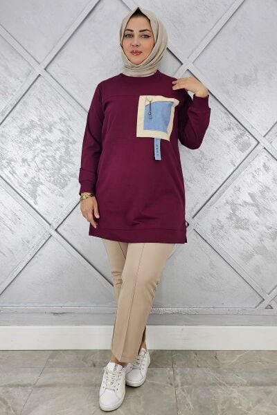 KADIN KOMBİNLİ SALLANTI AKSESUAR DETAYLI TESETTÜR TUNİK BORDO - 4 BEDEN