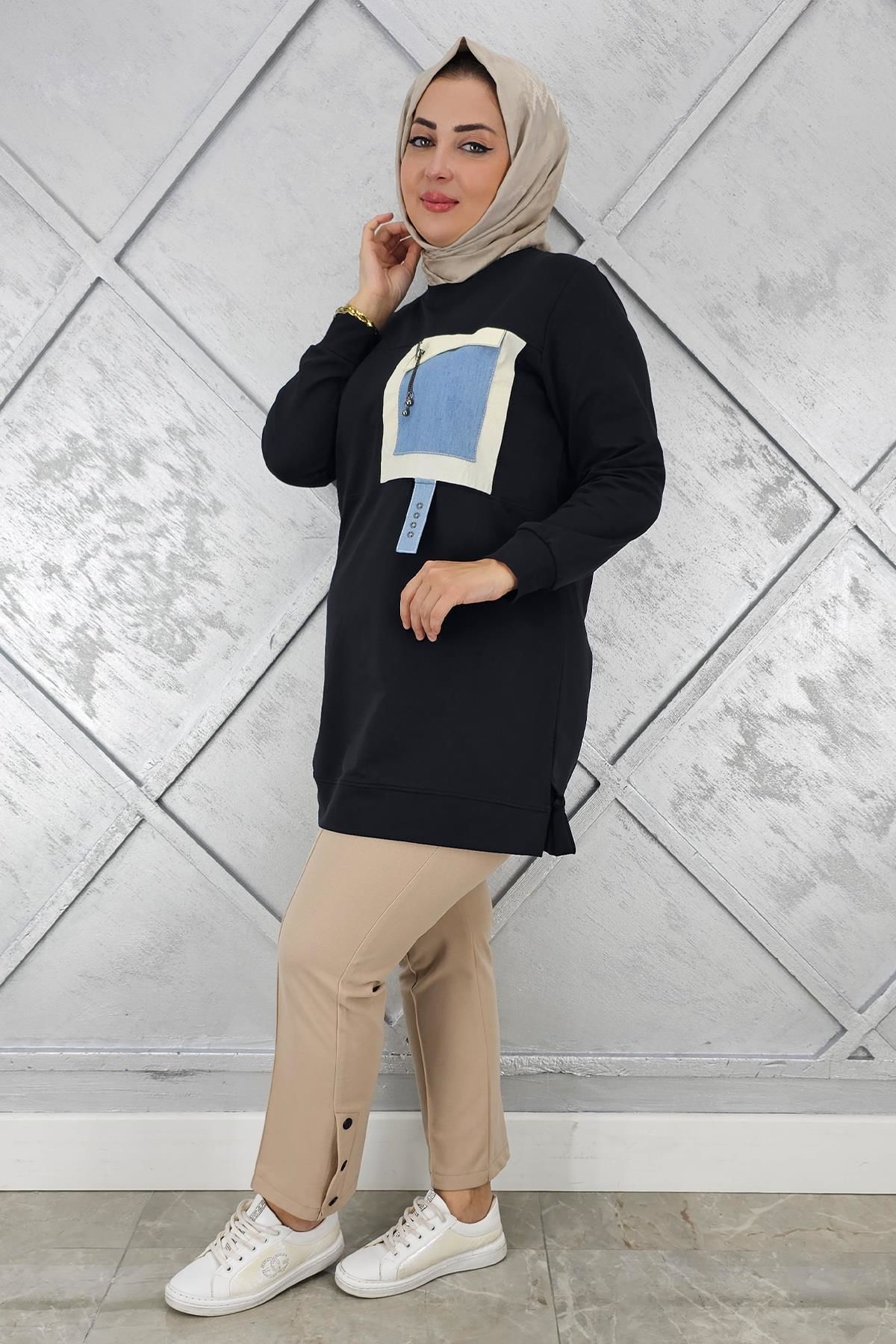 KADIN KOMBİNLİ SALLANTI AKSESUAR DETAYLI TESETTÜR TUNİK SİYAH - 3 BEDEN