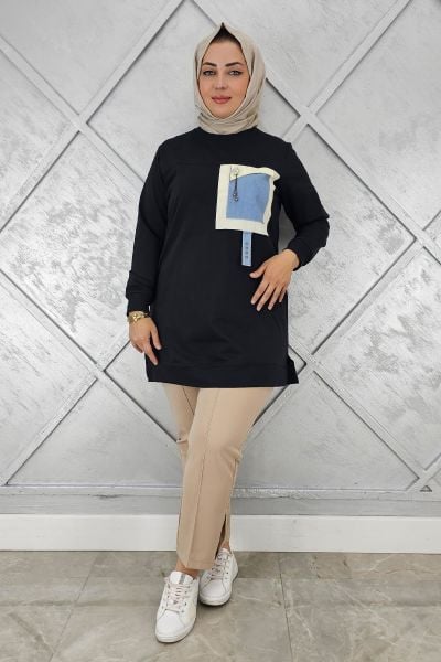 KADIN KOMBİNLİ SALLANTI AKSESUAR DETAYLI TESETTÜR TUNİK SİYAH - 3 BEDEN