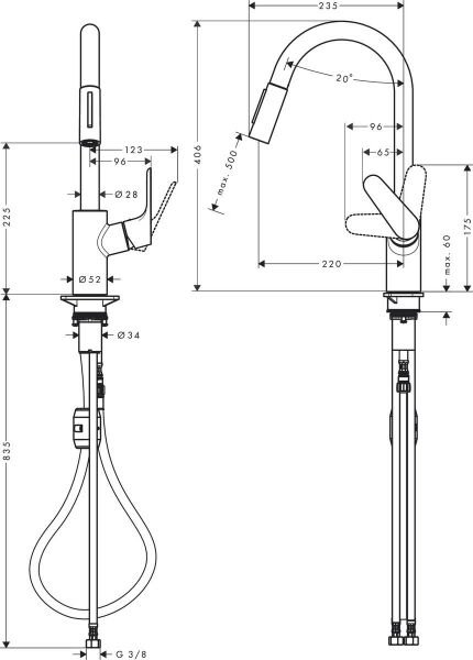 HANSGROHE FOCUS M41 EVIYE BATARYASI TEK KOLLU CEKILEBILIR EL DUSU 2JET KROM 31815000