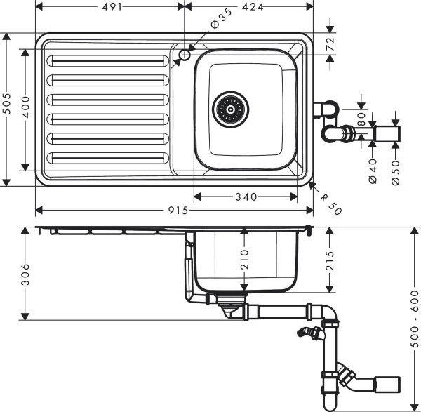 HANSGROHE S41 EVIYE ANKASTRE S4111-F340 340/400 DAMLALIK ILE,CELIK 43340800