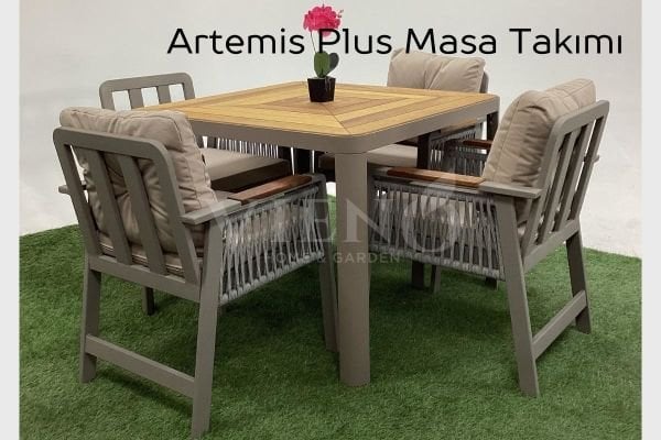 Artemis Plus Alüminyum Bahçe Balkon Masa Takımı Ahşap Tablalı (100x100)