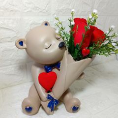 Sevgililer Günü-Kırmızı Güller-Kalpli Ayıcık Saksı