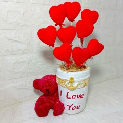 Ayıcıklı Love Saksı-Kırmızı Kalpler  -Sevgililer Günü Hediyesi
