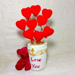 Ayıcıklı Love Saksı-Kırmızı Kalpler  -Sevgililer Günü Hediyesi
