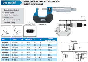 Mekanik Boru Et Kalınlığı Mikrometresi 340 Serisi Tip A