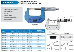 Mekanik Bıçak Ağızlı Mikrometre 326 Serisi Tip  A
