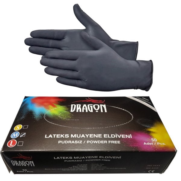 Dragon Latex Siyah Lateks Eldiven M Medium 50 Adet Dövme Eldiveni