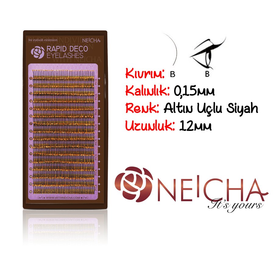 Neicha Rapid Gold Deco Altın Sim Uçlu B Kıvrım 0,15mm Kalınlık 12mm Uzunluk Simli İpek Kirpik