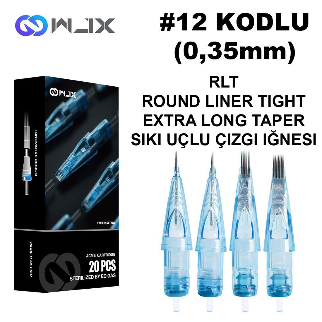 WJX #12 Kodlu RLT Round Liner Tight Long Taper Cartridge Kartuş Dövme Çizgi İğneleri