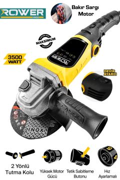 Rowermax RWRX-3803S 3500w Devir Ayarlı Spiral Taşlama Makinası Avuç İçi Taşlama 125 mm 2 Adet Diskli