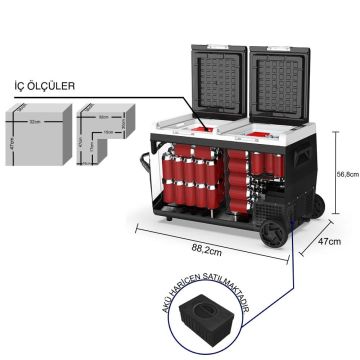 ICECO K95D 12/24Volt 95 Litre Akülü/Kablolu/ Çift Bölmeli Kompresörlü Tekerlekli Outdoor Oto Buzdolabı/Dondurucu (Akü Dahil Değildir)