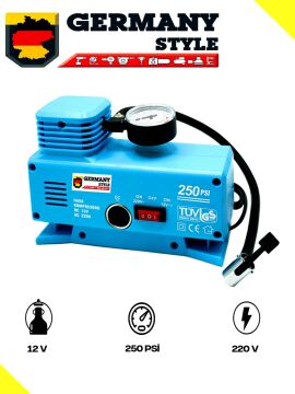 Germany Style Sega 220 Volt-12 Volt 250 Psi Psi Kompresör Lastik Hava Şişirme Oto Pompası