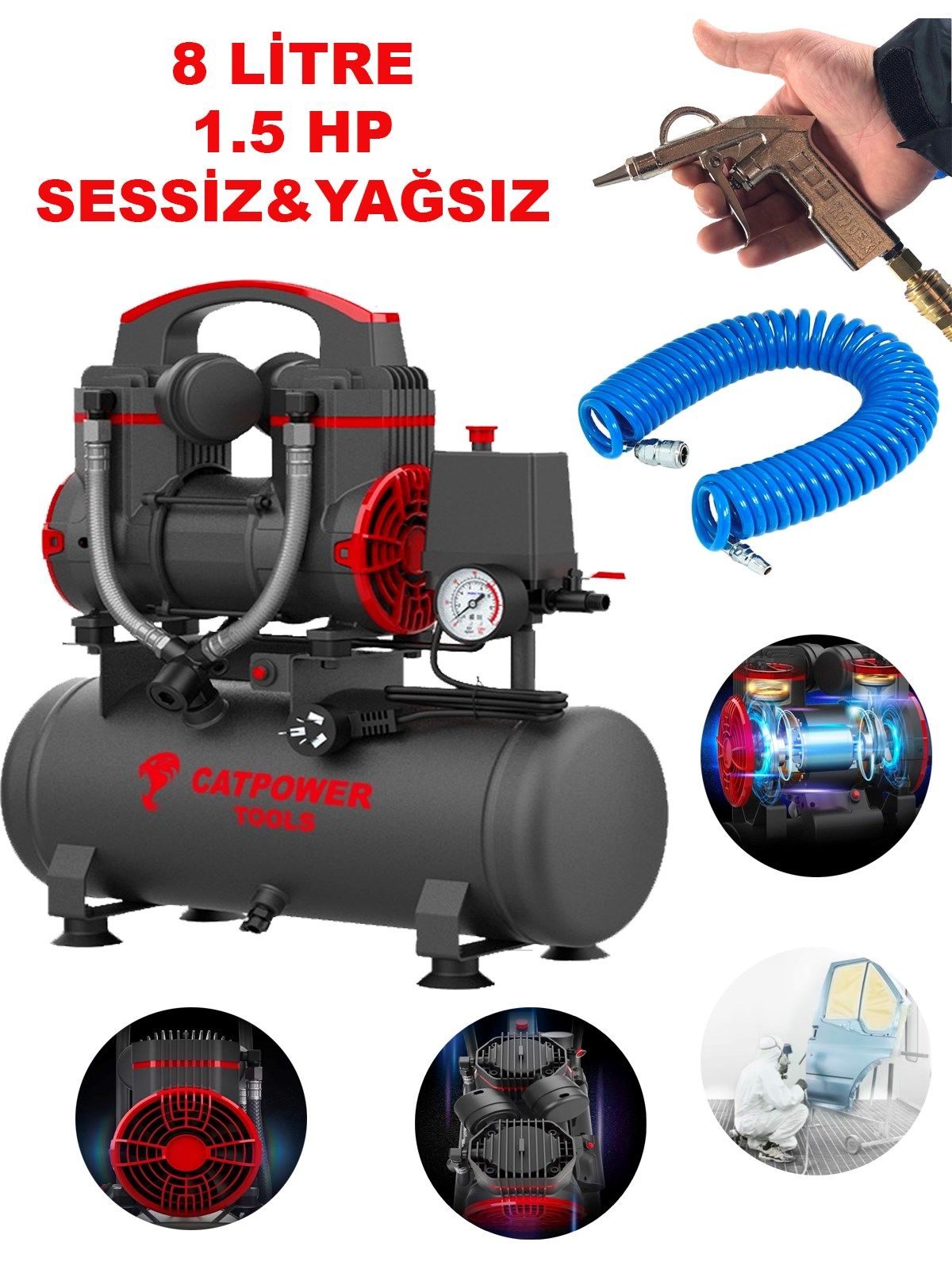 Cat Power Sessiz & Yağsız Kompresör 1.5 Hp 8 LT Hava Hortumu Tabanca Set