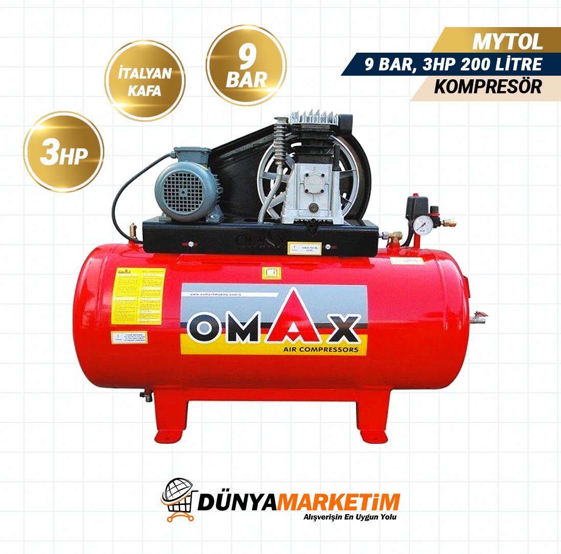 OMAX 200 Lt  9 Bar Pistonlu Hava Kompresörü(İTALYAN KAFA)