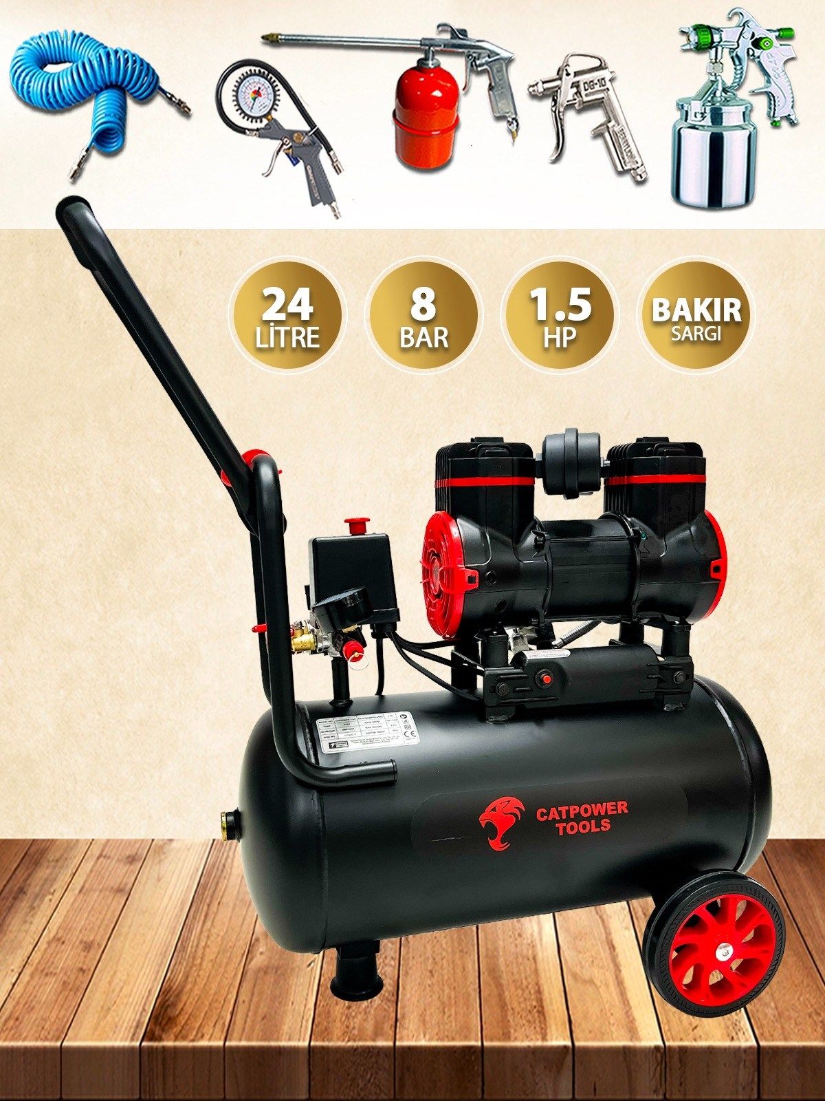 Catpower 24 Litre Sessiz Hava Kompresörü 1.5 Hp Bakır Sargı Motor 8 Bar 5 Parça Havalı Setli