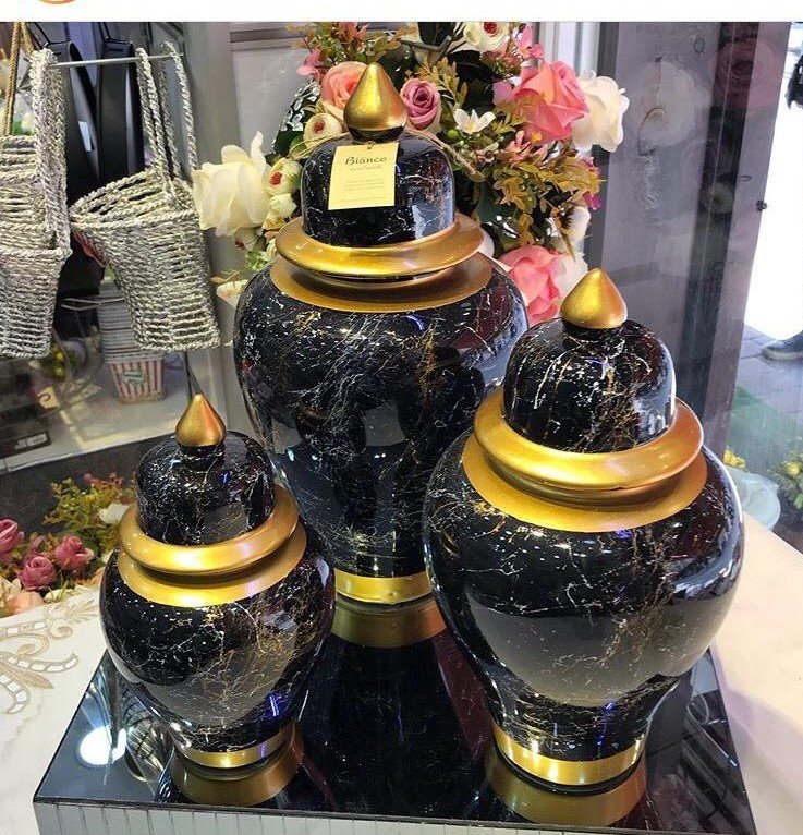 Şah Küp 3'Lü Dekoratif Küp Seti Mermer Desenli Siyah Altın Varaklı