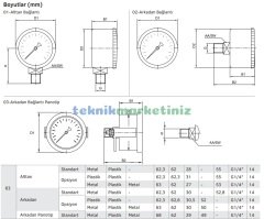 Ø63mm -1 Bar Panotip Arka Bağlantılı Kurutip G1/4'' Vakummetre, Vakum Göstergesi CL2,5 PAKKENS